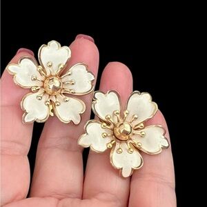 Large white enamel flower clip on earrings, gold tone